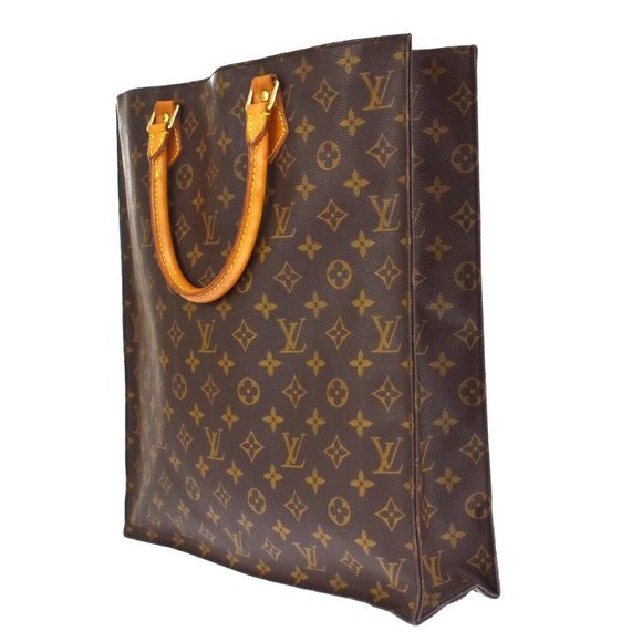 Authentic LOUIS VUITTON Logo Sac Plat Hand Tote Bag Monogram Leather Brown - Picture 2 of 10